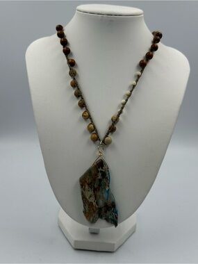 Jasper Stone Slab Beaded Cord Boho Necklace Whimsy Nature Forest Fairy Mystical